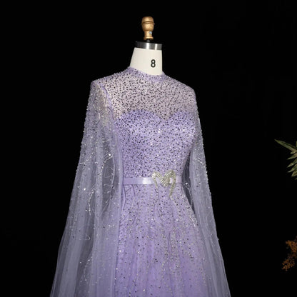Luxury Blue High Neck Evening Dress with Cape Sleeves SS451