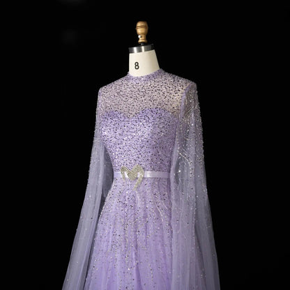 Luxury Blue High Neck Evening Dress with Cape Sleeves SS451