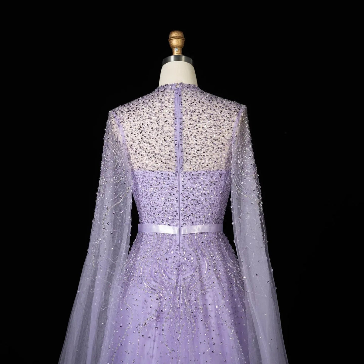 Luxury Blue High Neck Evening Dress with Cape Sleeves SS451