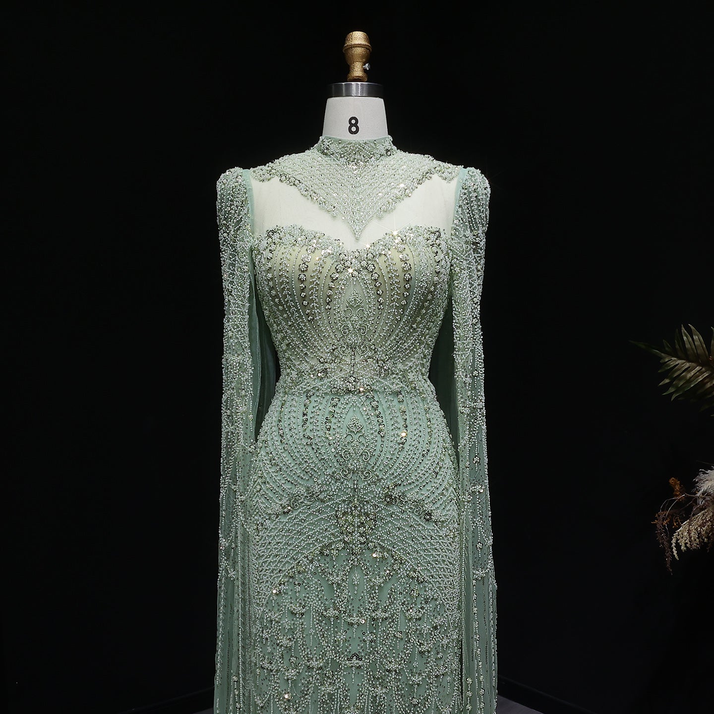 Elegant Beaded Blue Evening Dress with Cape Sleeves SS079