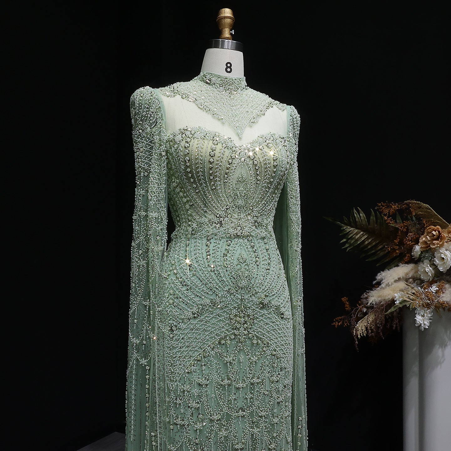 Elegant Beaded Blue Evening Dress with Cape Sleeves SS079