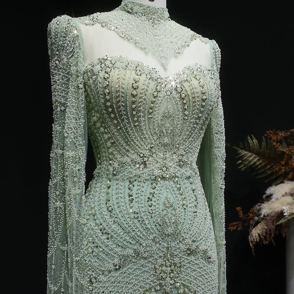 Elegant Beaded Blue Evening Dress with Cape Sleeves SS079