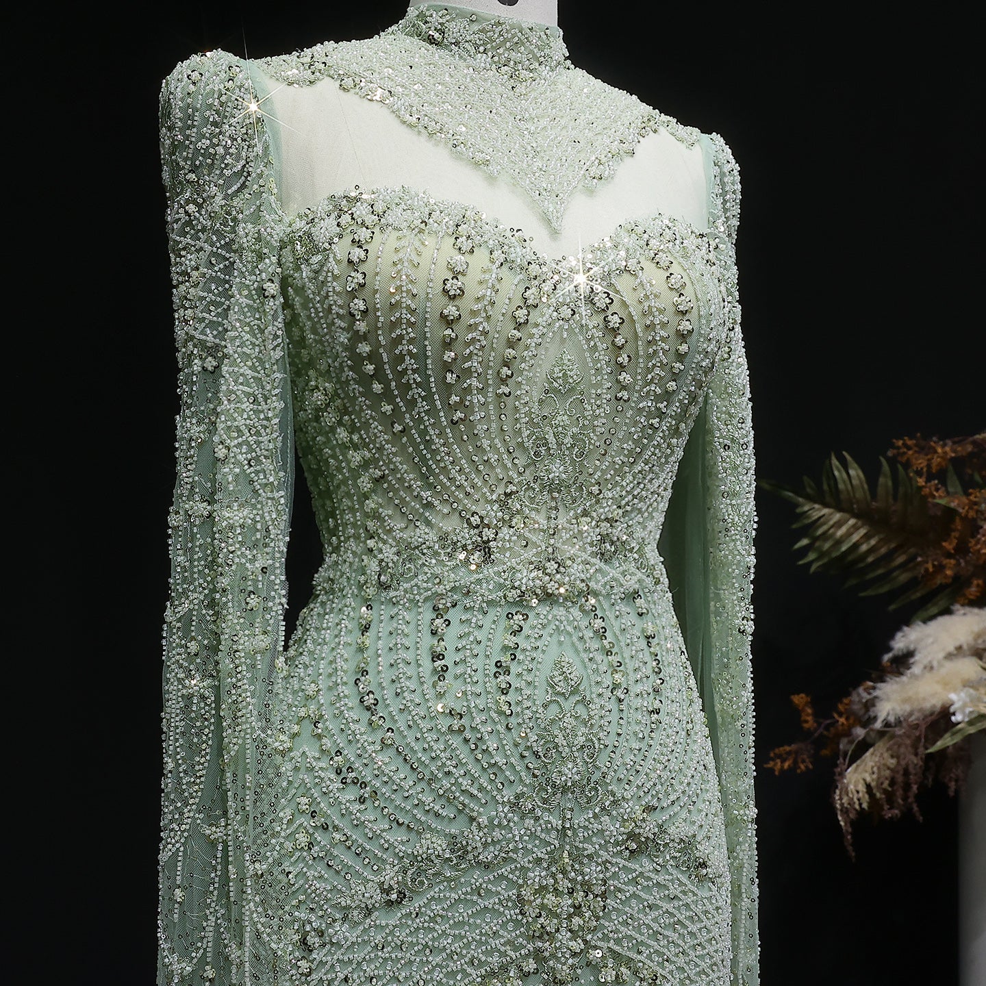 Elegant Beaded Blue Evening Dress with Cape Sleeves SS079