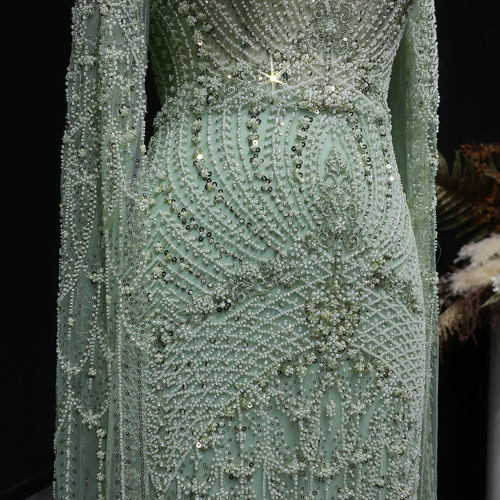 Elegant Beaded Blue Evening Dress with Cape Sleeves SS079