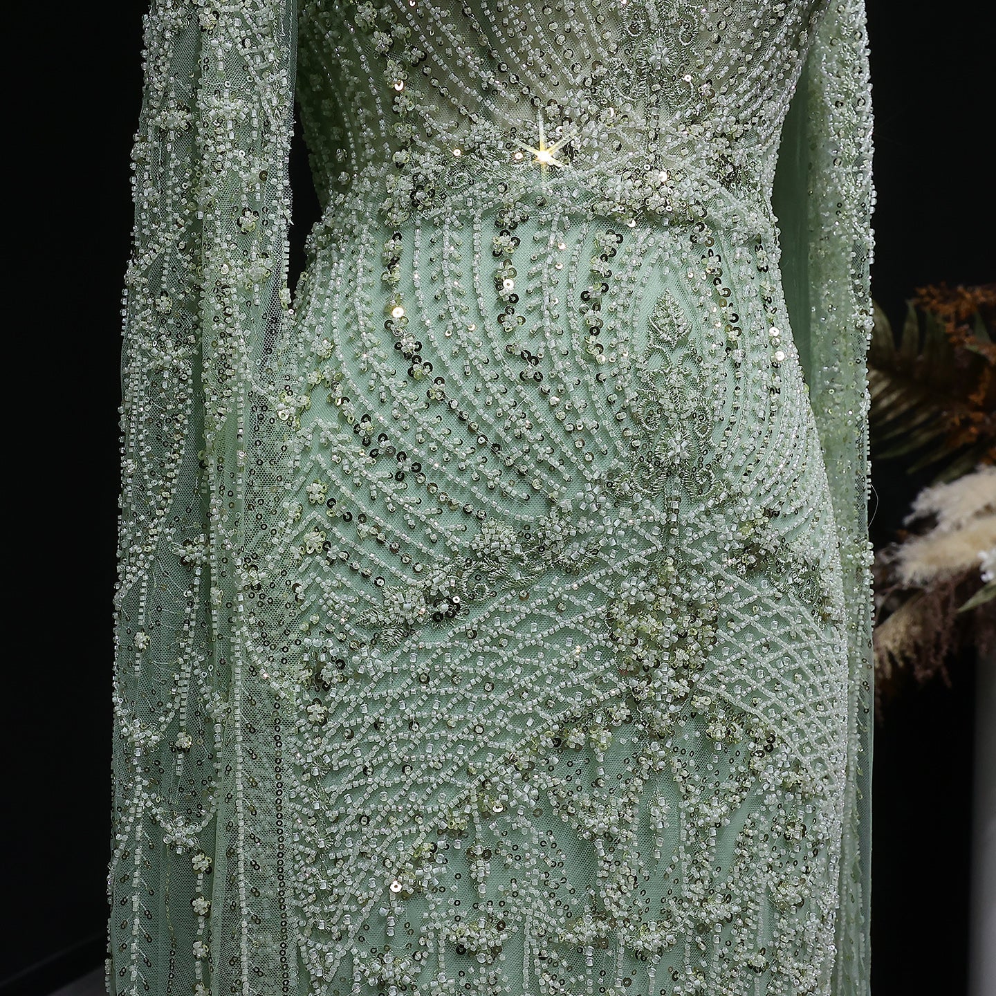 Elegant Beaded Blue Evening Dress with Cape Sleeves SS079