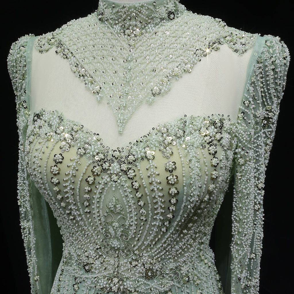 Elegant Beaded Blue Evening Dress with Cape Sleeves SS079