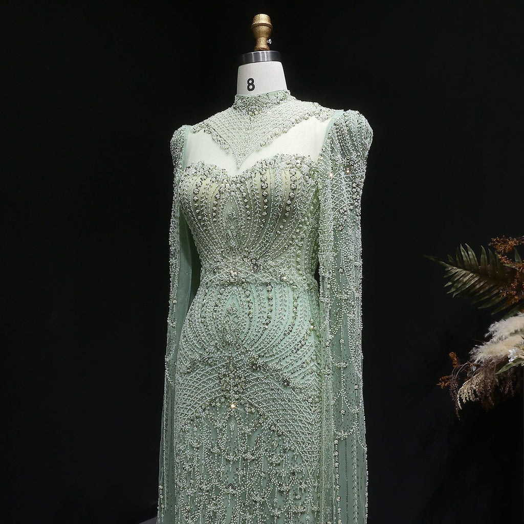 Elegant Beaded Blue Evening Dress with Cape Sleeves SS079