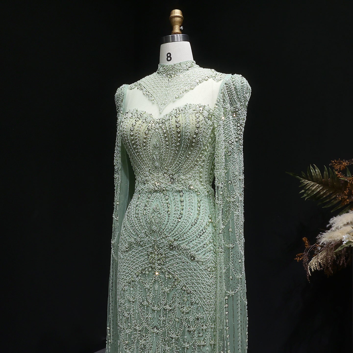 Elegant Beaded Blue Evening Dress with Cape Sleeves SS079