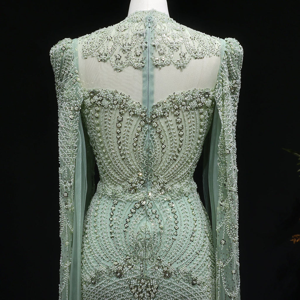 Elegant Beaded Blue Evening Dress with Cape Sleeves SS079