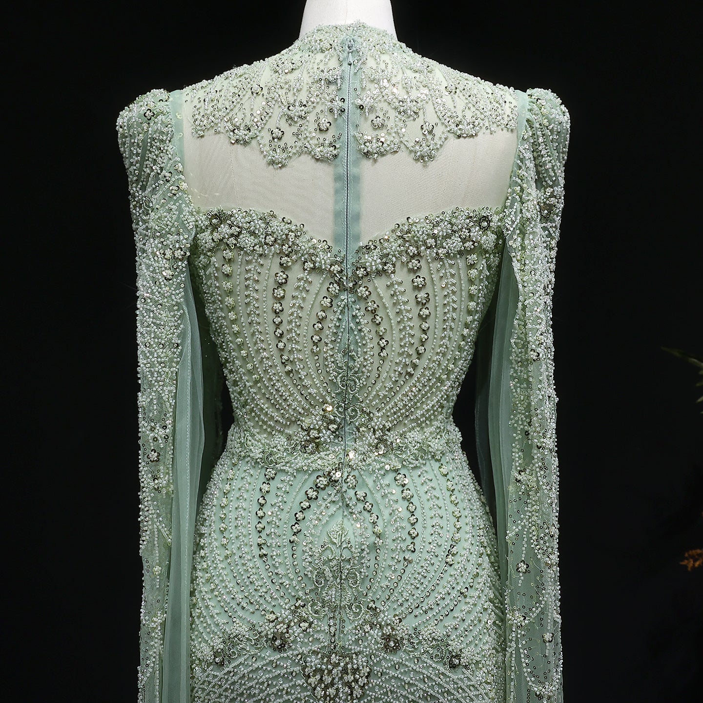 Elegant Beaded Blue Evening Dress with Cape Sleeves SS079