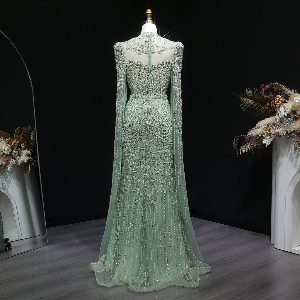 Elegant Beaded Blue Evening Dress with Cape Sleeves SS079