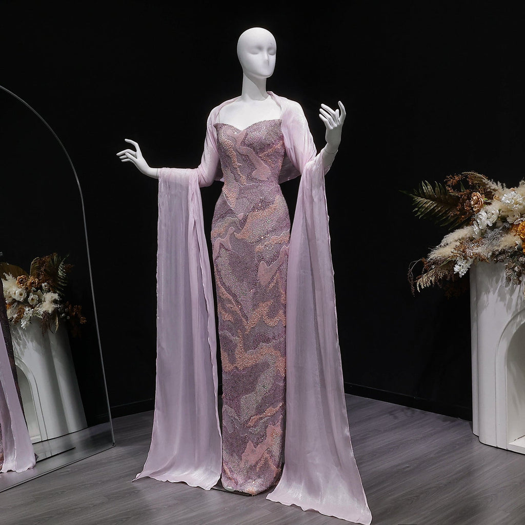 Luxury Pink Crystal Embellished Mermaid Evening Dress with Cape SS658