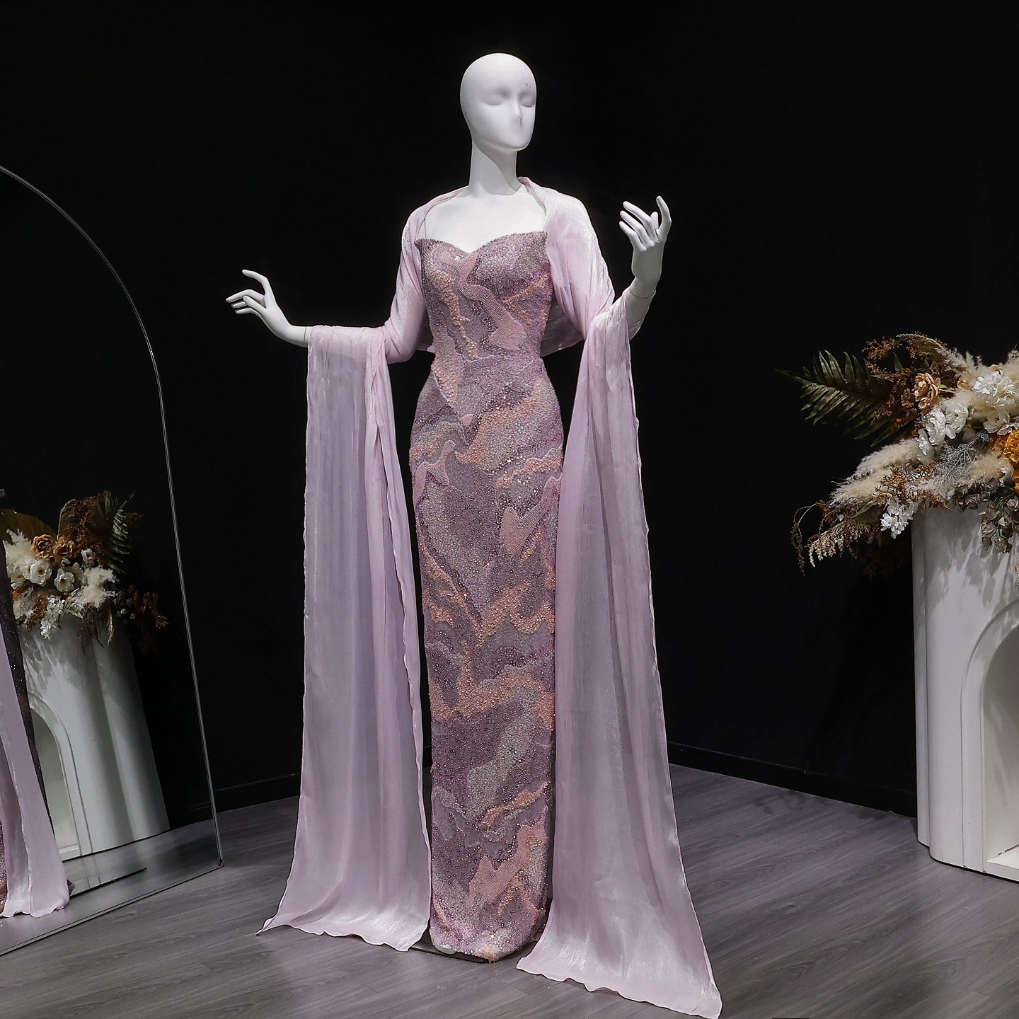 Luxury Pink Crystal Embellished Mermaid Evening Dress with Cape SS658