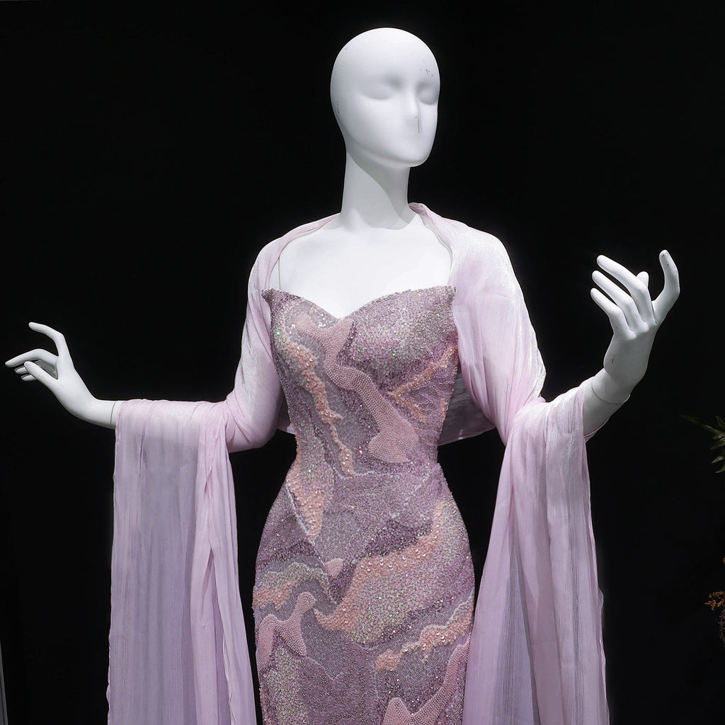 Luxury Pink Crystal Embellished Mermaid Evening Dress with Cape SS658