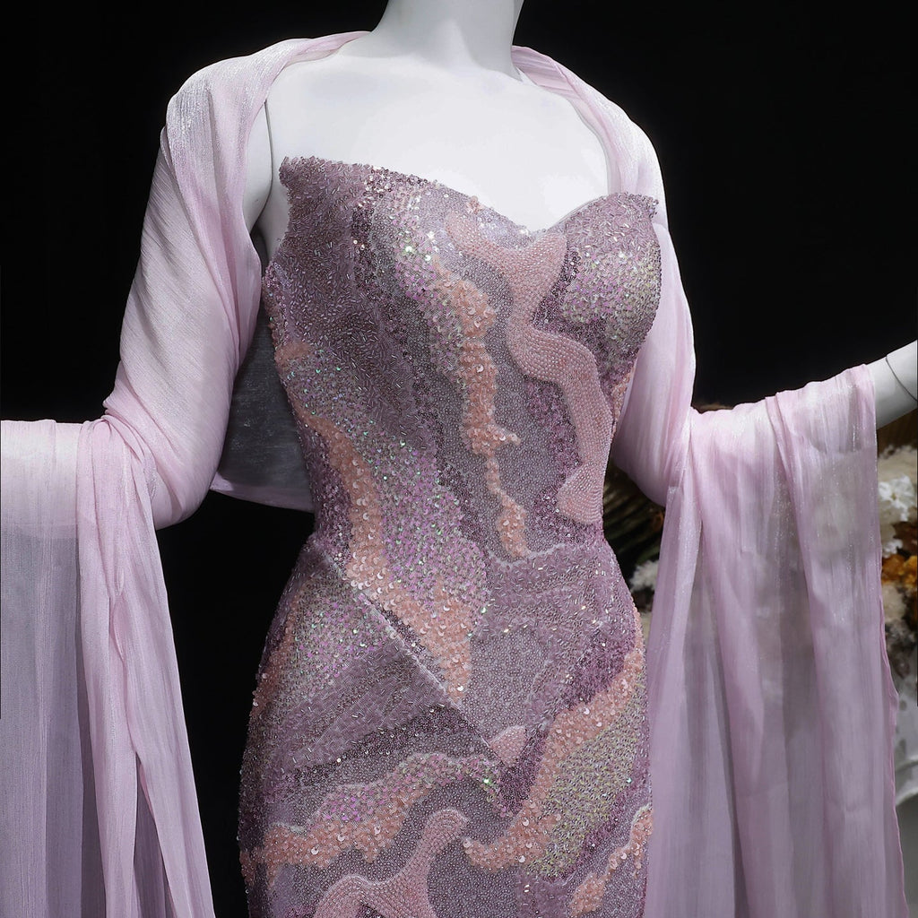 Luxury Pink Crystal Embellished Mermaid Evening Dress with Cape SS658