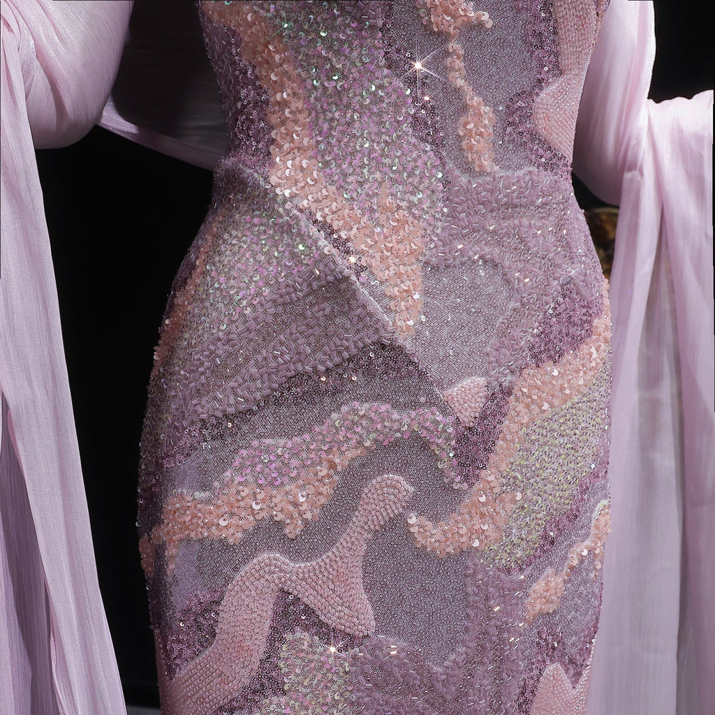 Luxury Pink Crystal Embellished Mermaid Evening Dress with Cape SS658