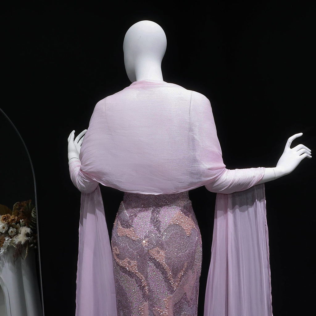 Luxury Pink Crystal Embellished Mermaid Evening Dress with Cape SS658