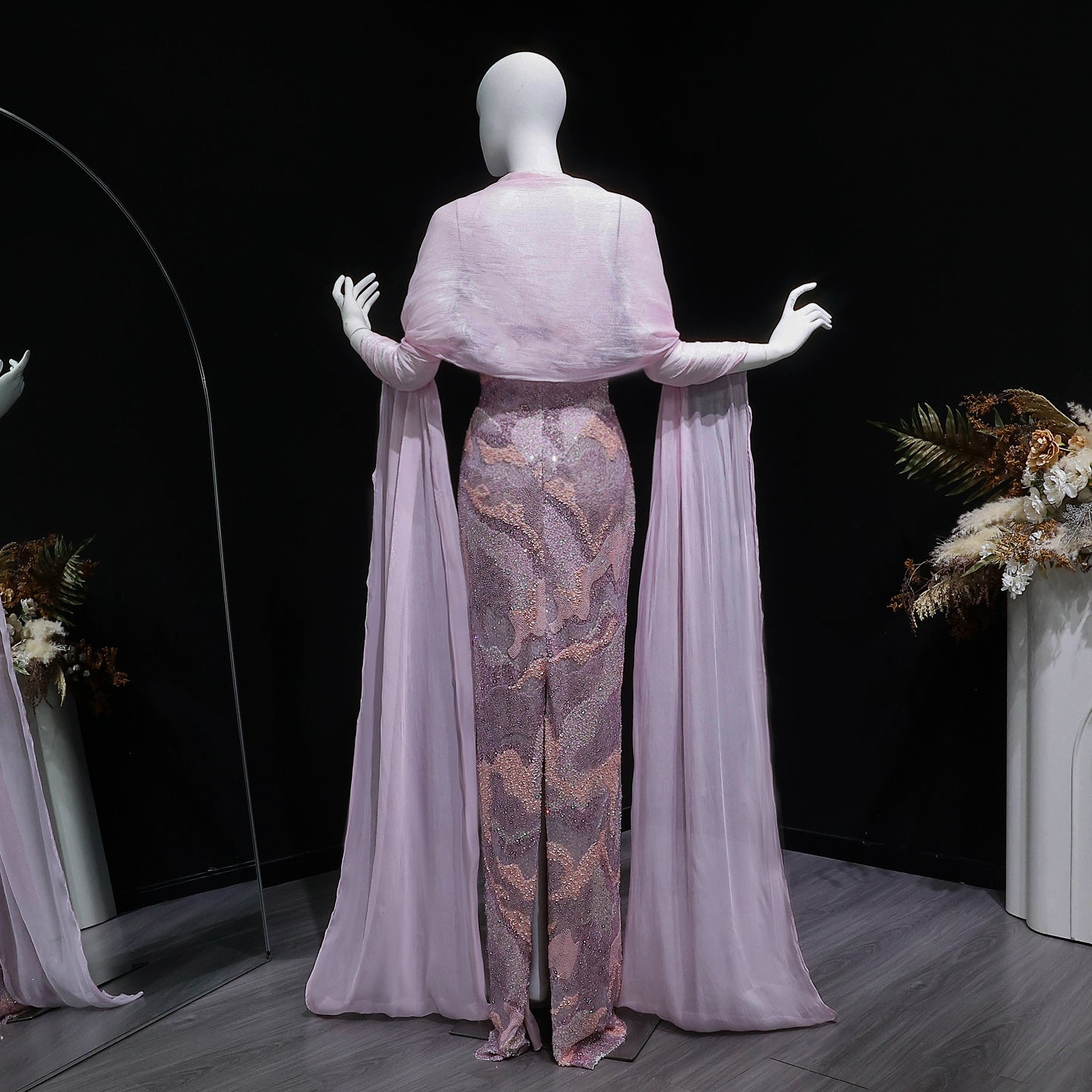 Luxury Pink Crystal Embellished Mermaid Evening Dress with Cape SS658