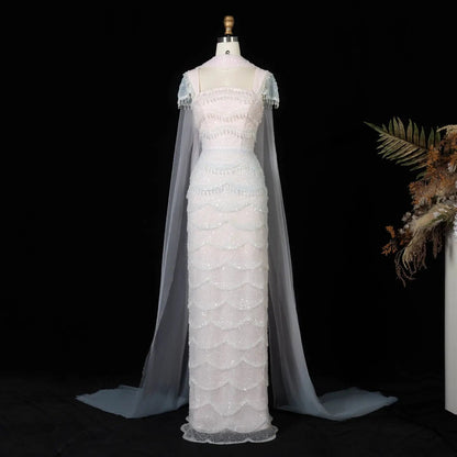 Gradient White Mermaid Square Sheer Evening  Dress Long Side Tulle Overlay SS523