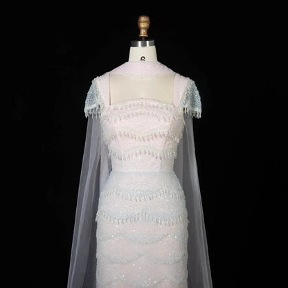 Gradient White Mermaid Square Sheer Evening  Dress Long Side Tulle Overlay SS523