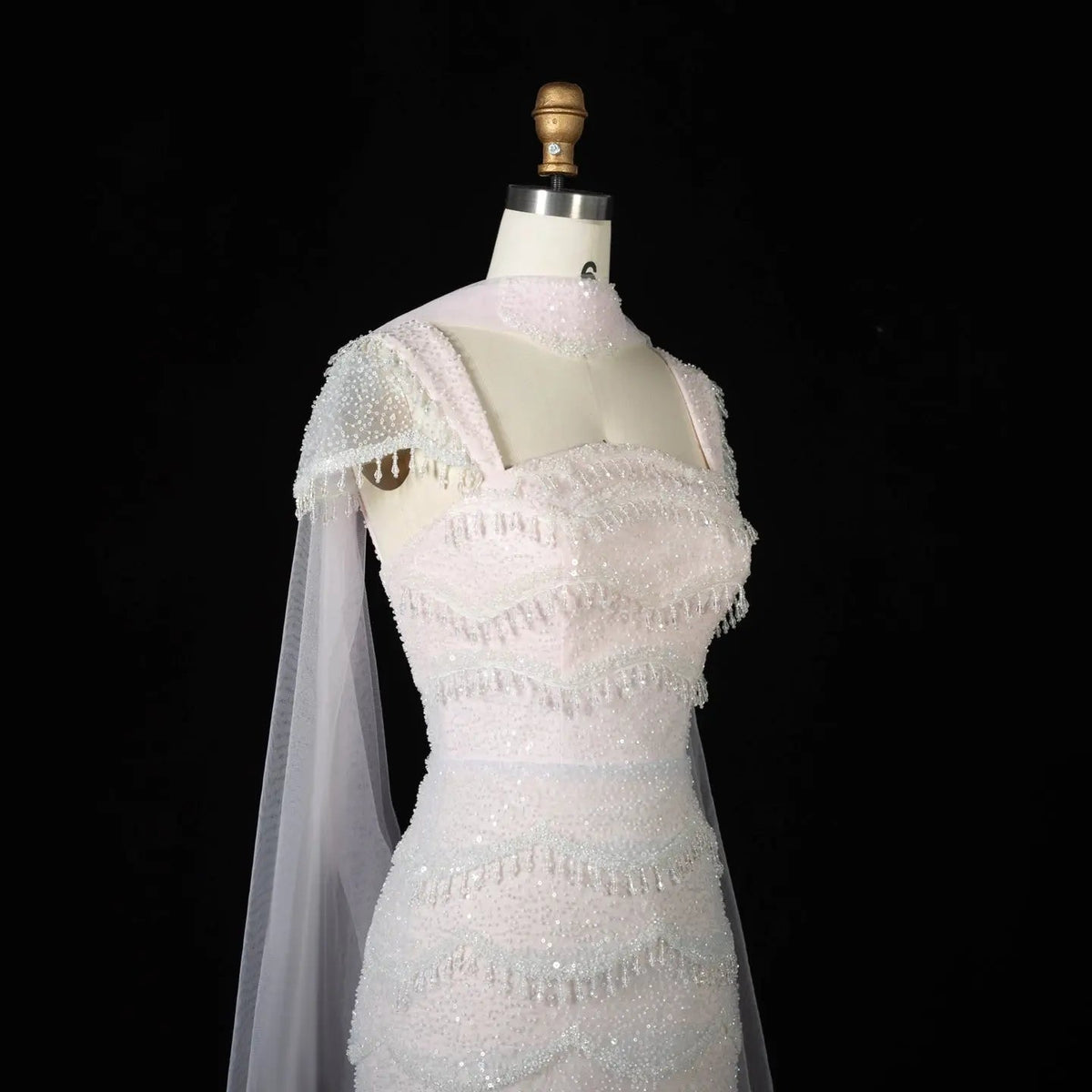 Gradient White Mermaid Square Sheer Evening  Dress Long Side Tulle Overlay SS523