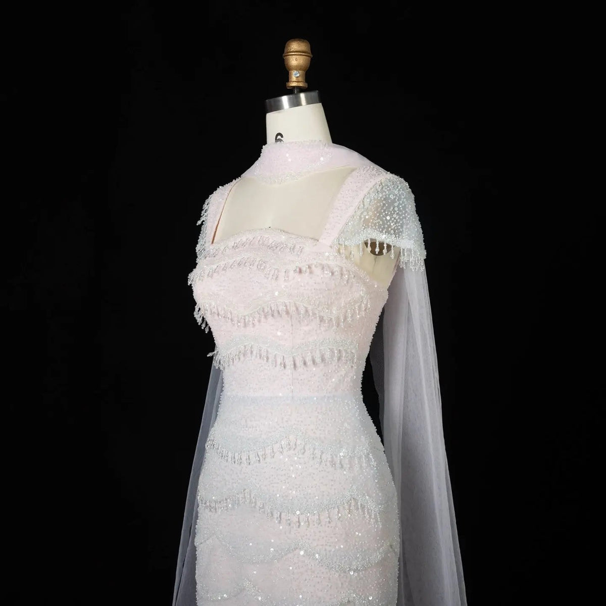 Gradient White Mermaid Square Sheer Evening  Dress Long Side Tulle Overlay SS523