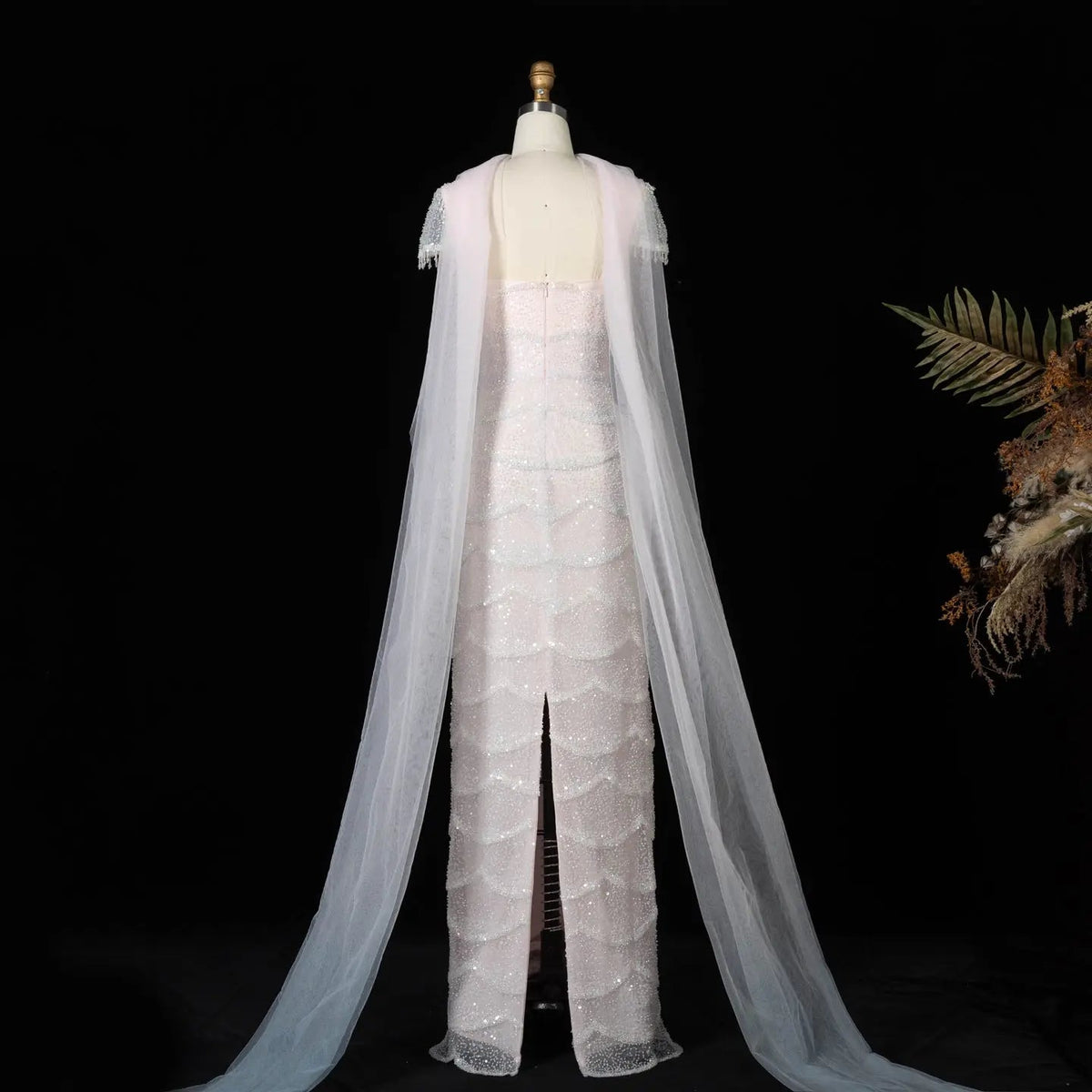 Gradient White Mermaid Square Sheer Evening  Dress Long Side Tulle Overlay SS523