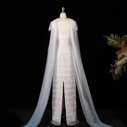 Gradient White Mermaid Square Sheer Evening  Dress Long Side Tulle Overlay SS523