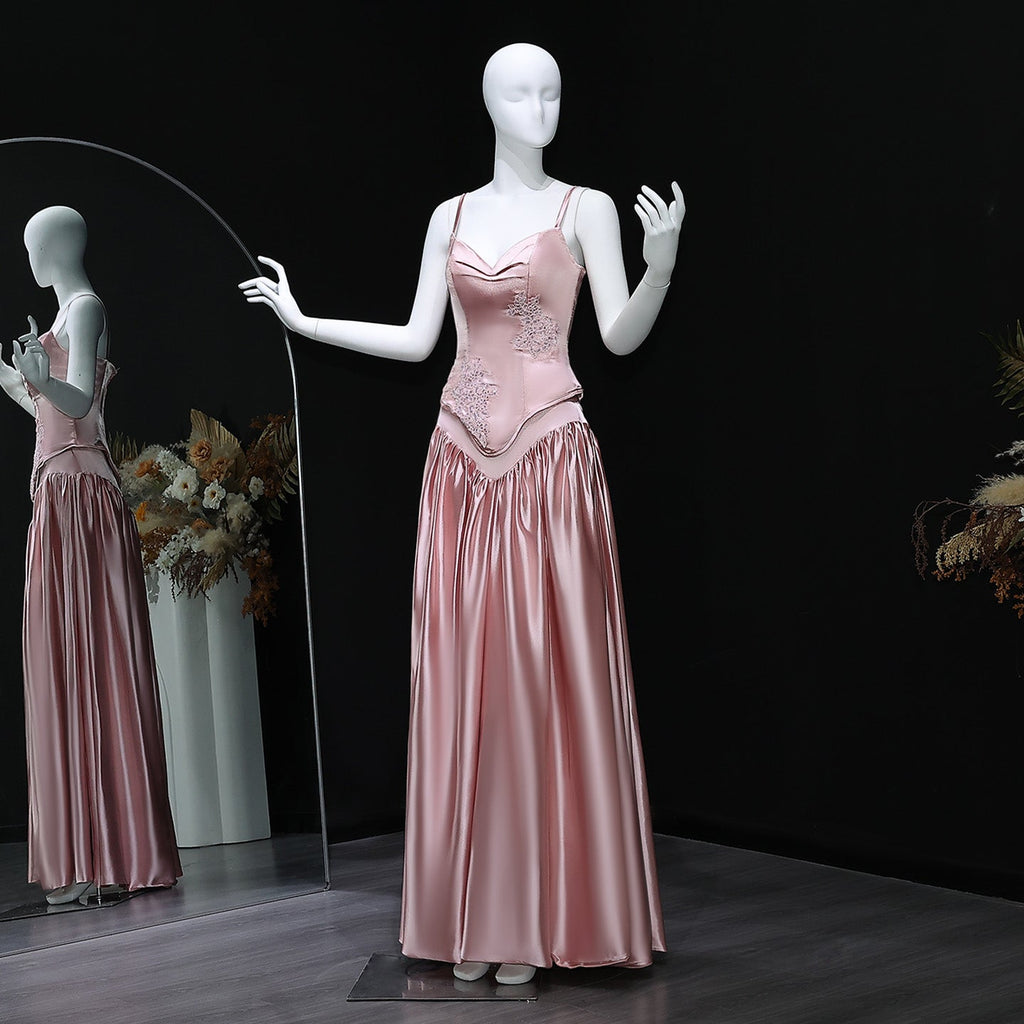 Luxury Pink Satin Spaghetti Strap Embroidery Evening Dress SF450