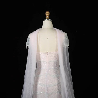 Gradient White Mermaid Square Sheer Evening  Dress Long Side Tulle Overlay SS523