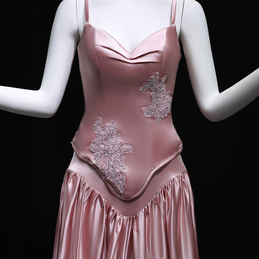Luxury Pink Satin Spaghetti Strap Embroidery Evening Dress SF450