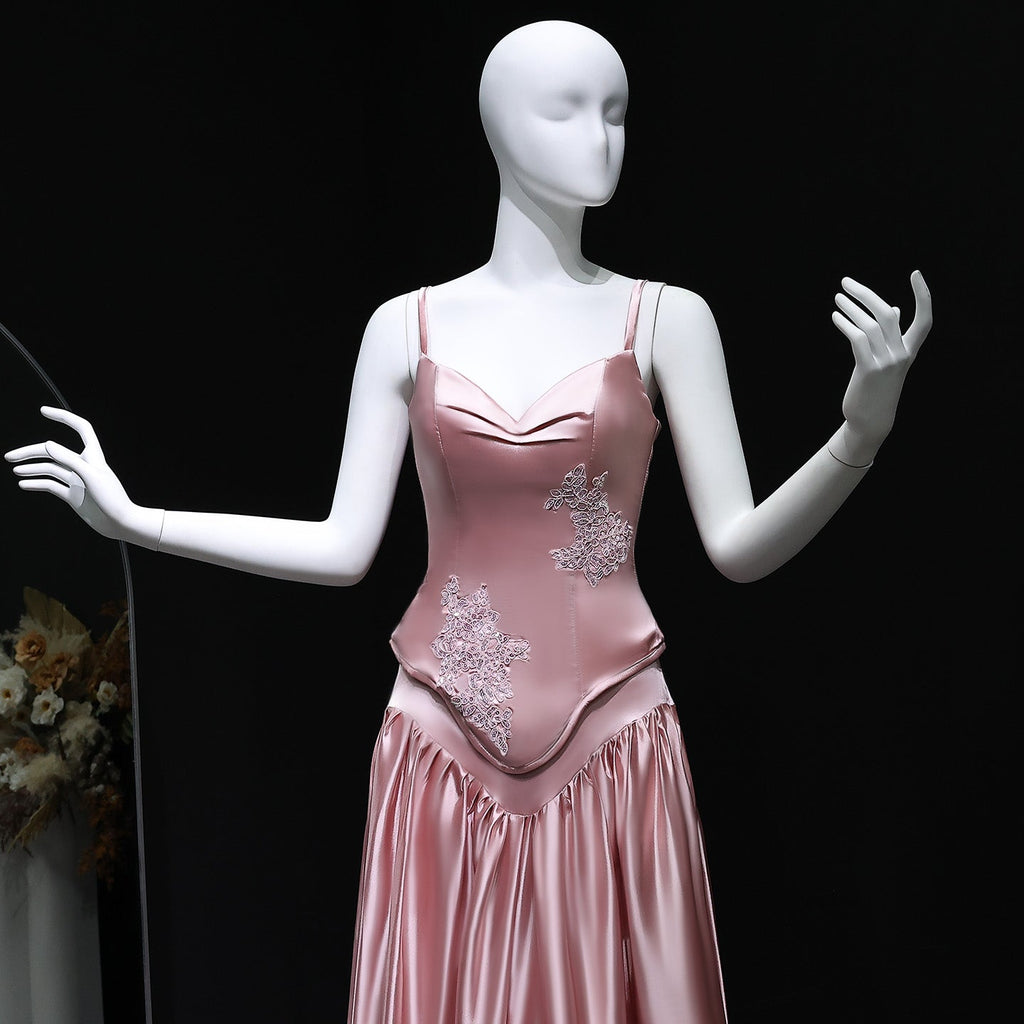 Luxury Pink Satin Spaghetti Strap Embroidery Evening Dress SF450