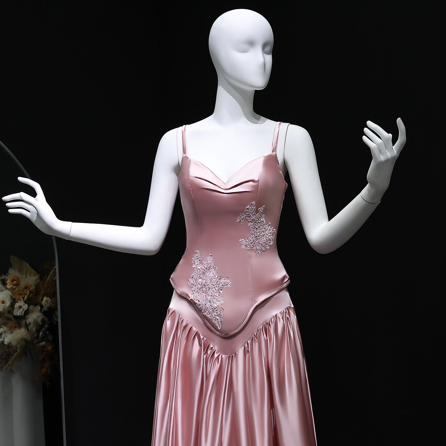 Luxury Pink Satin Spaghetti Strap Embroidery Evening Dress SF450