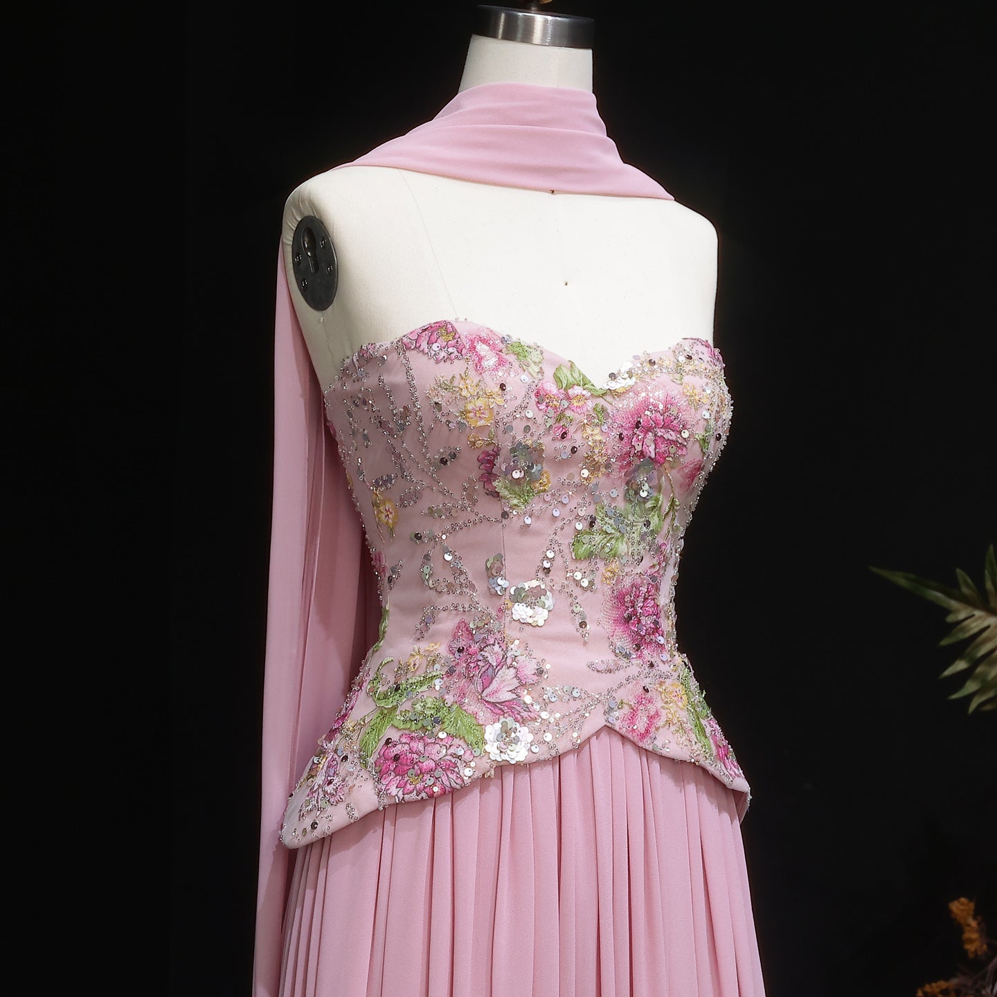 Luxury Pink Floral Embellished Peplum Evening Dress with Scarf SS480