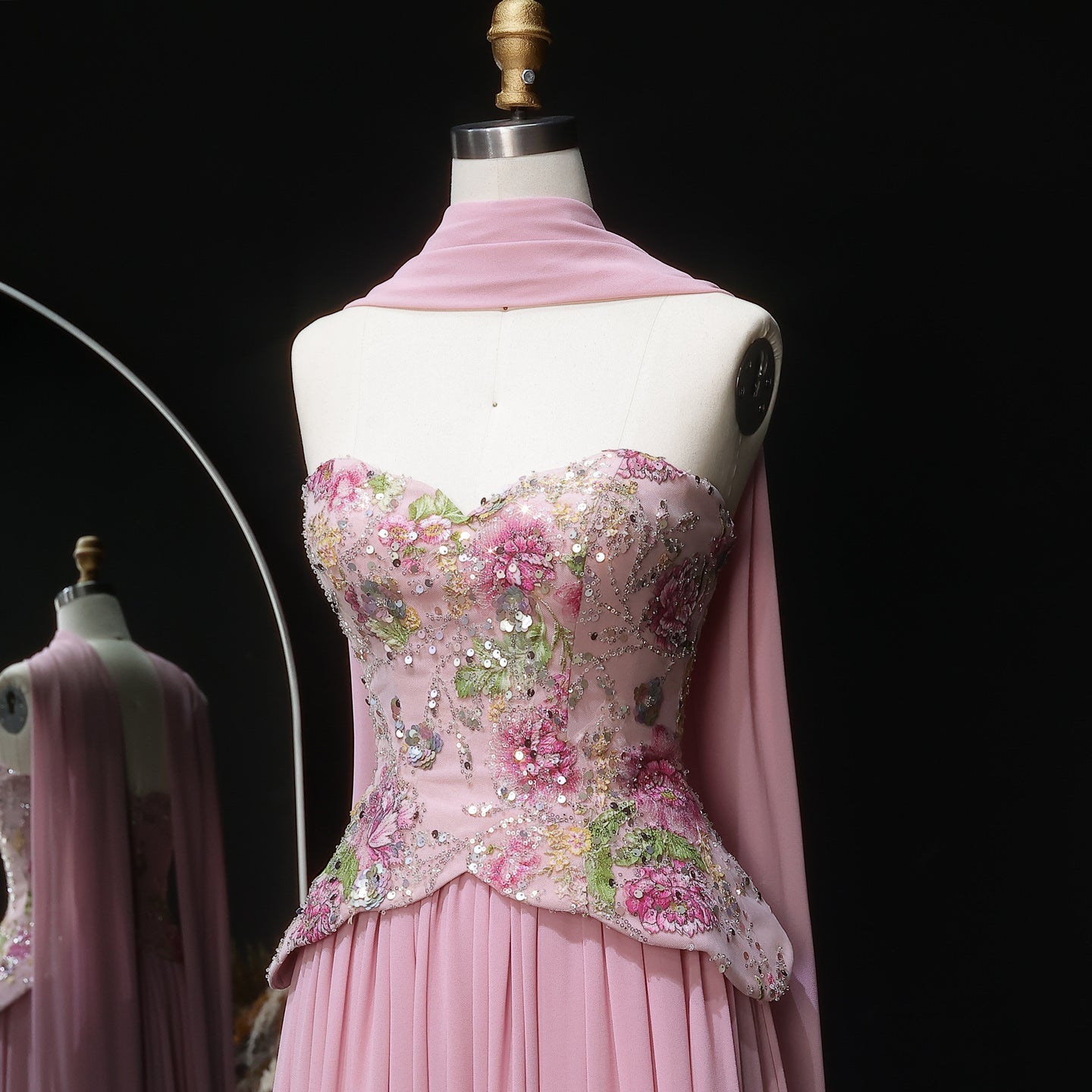 Luxury Pink Floral Embellished Peplum Evening Dress with Scarf SS480
