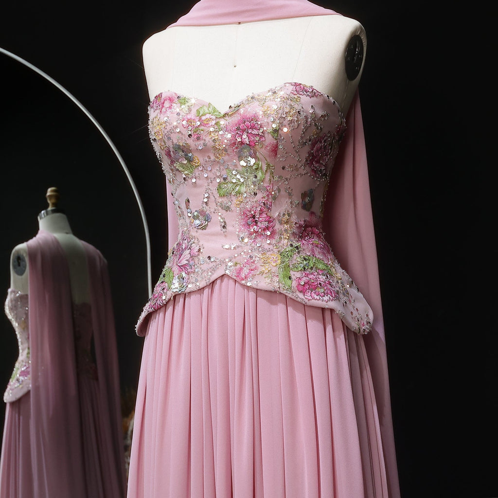 Luxury Pink Floral Embellished Peplum Evening Dress with Scarf SS480