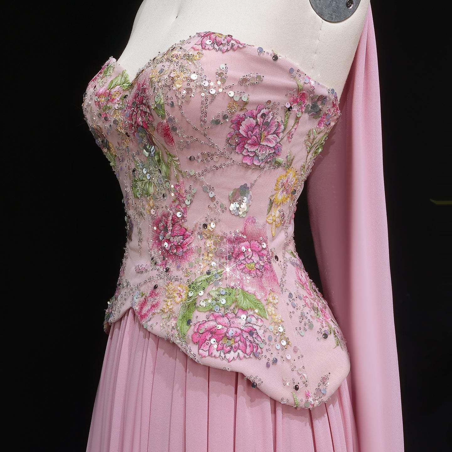 Luxury Pink Floral Embellished Peplum Evening Dress with Scarf SS480