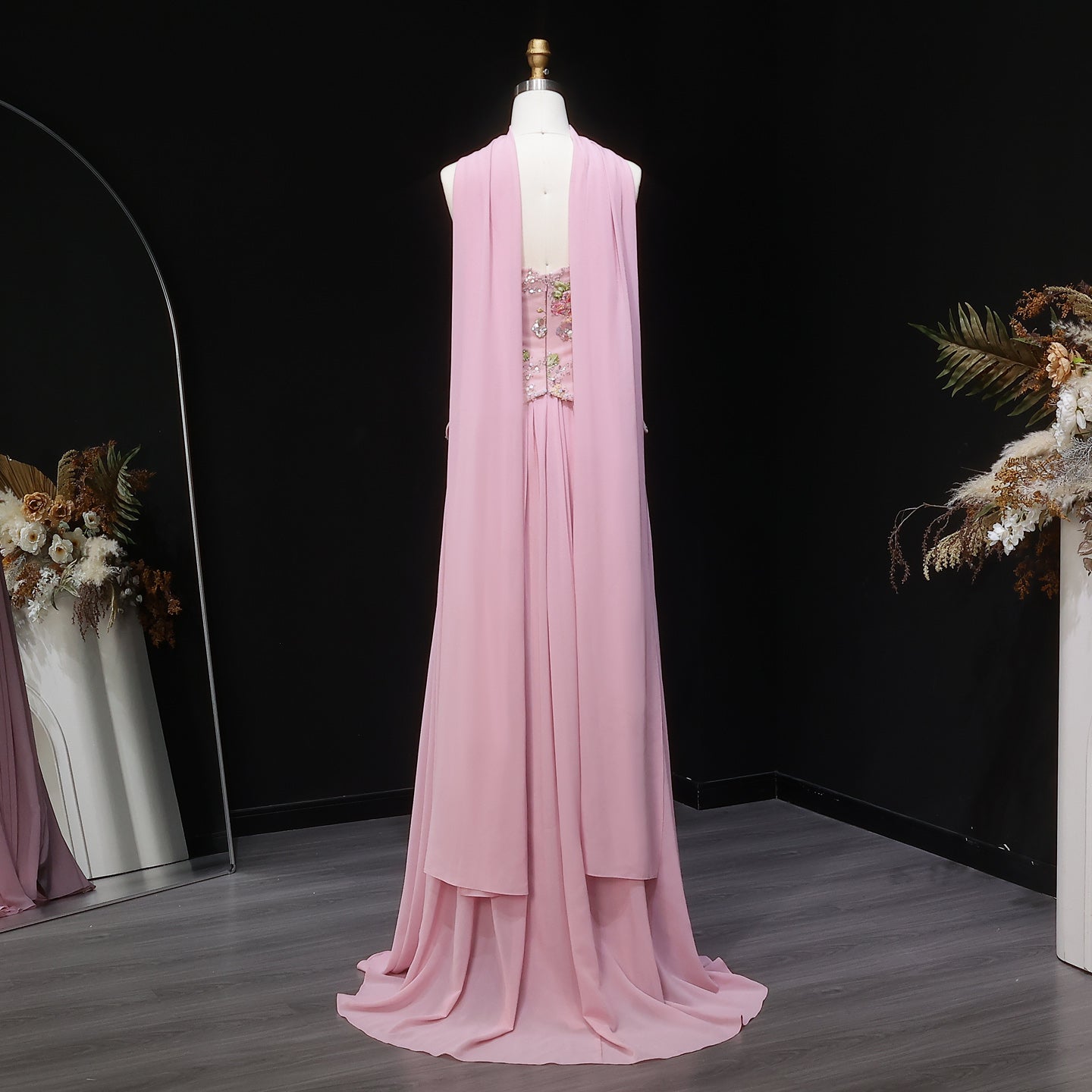 Luxury Pink Floral Embellished Peplum Evening Dress with Scarf SS480
