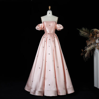 For Sale Crystal Blush Pink Satin Off-Shoulder Evening Dresses SS442