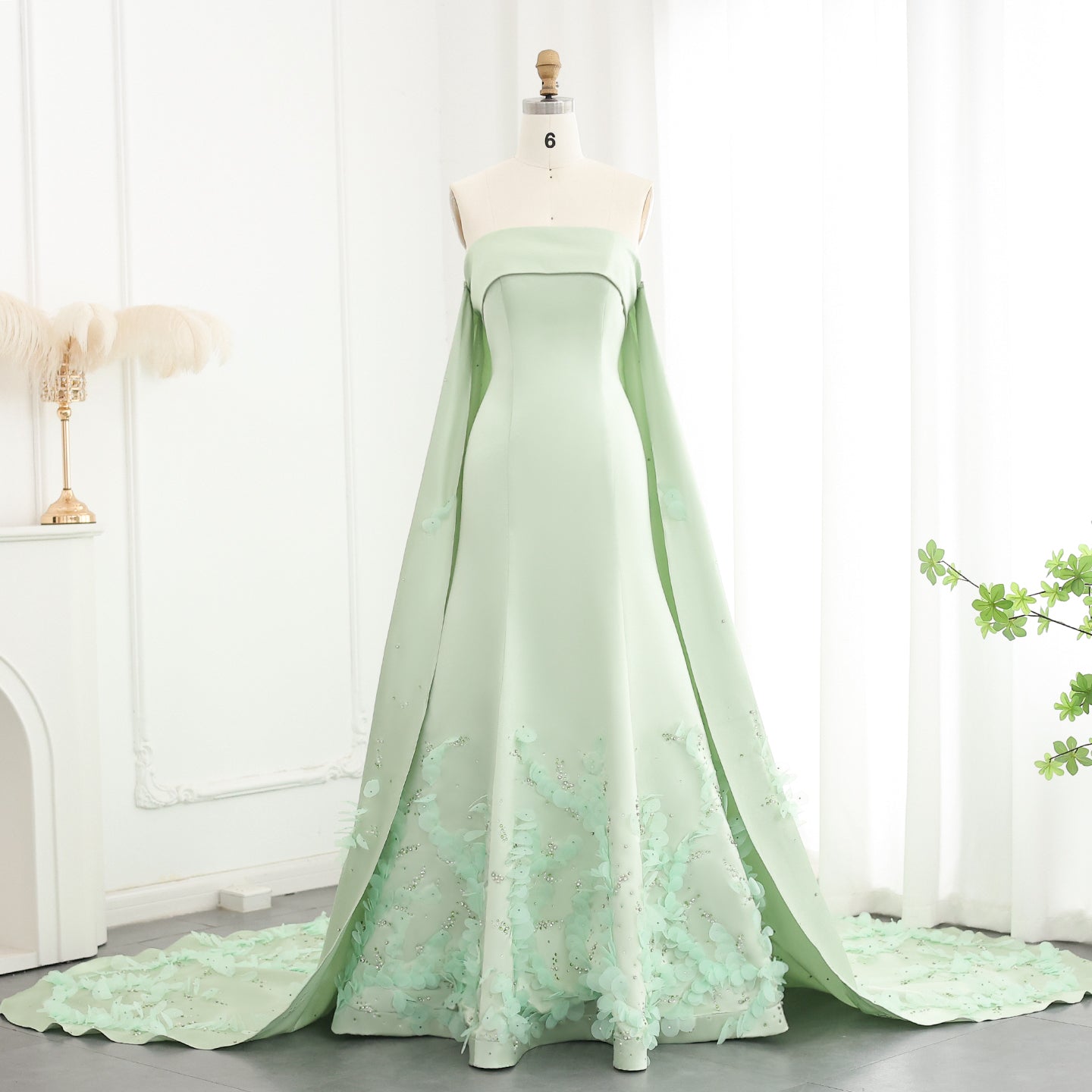Luxury Crystal 3D Leaves Sage Green Sleeveless Evening Dress with Cape SS449