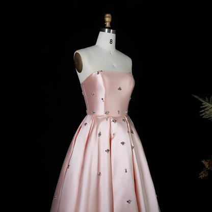 For Sale Crystal Blush Pink Satin Off-Shoulder Evening Dresses SS442