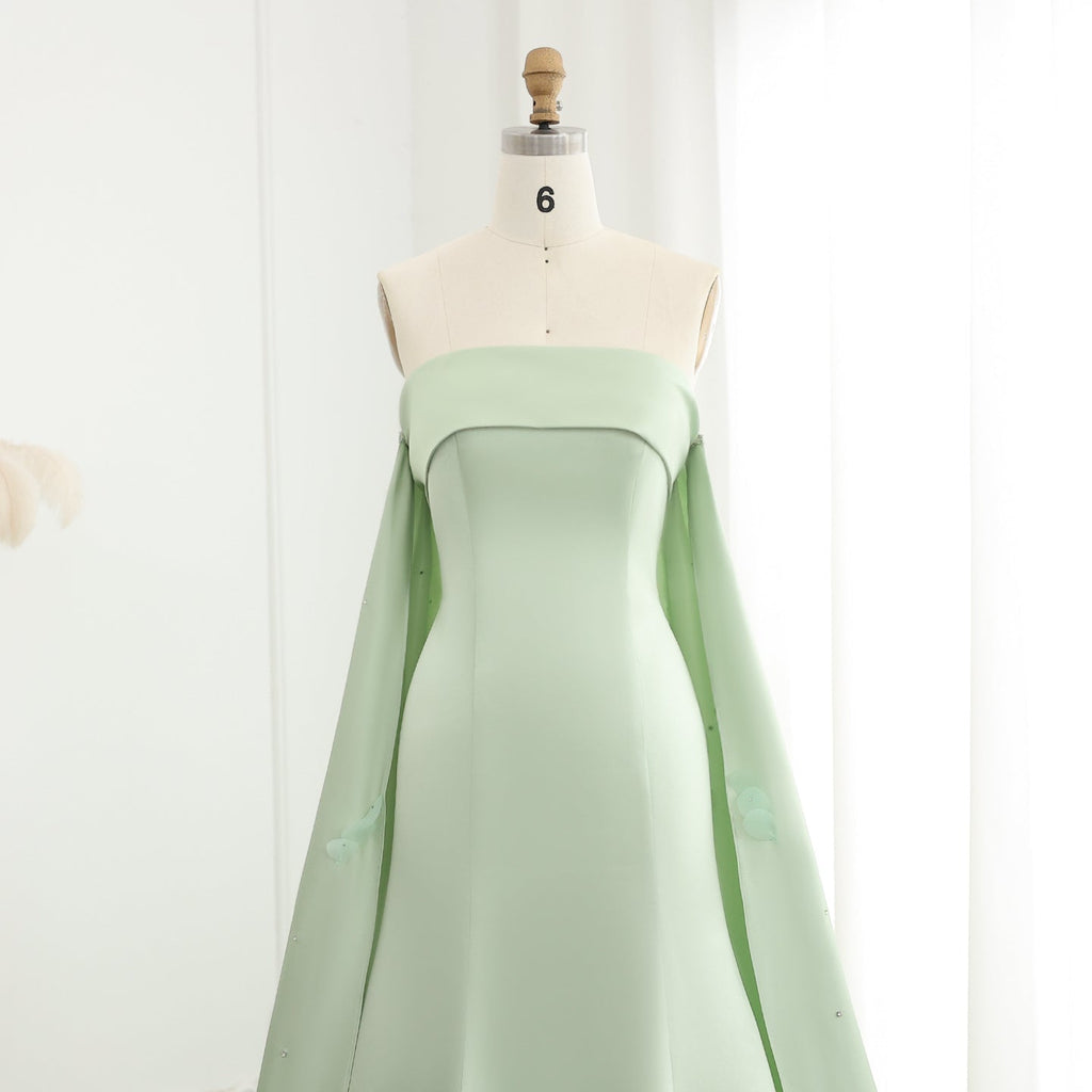 Luxury Crystal 3D Leaves Sage Green Sleeveless Evening Dress with Cape SS449
