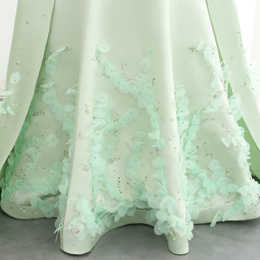 Luxury Crystal 3D Leaves Sage Green Sleeveless Evening Dress with Cape SS449