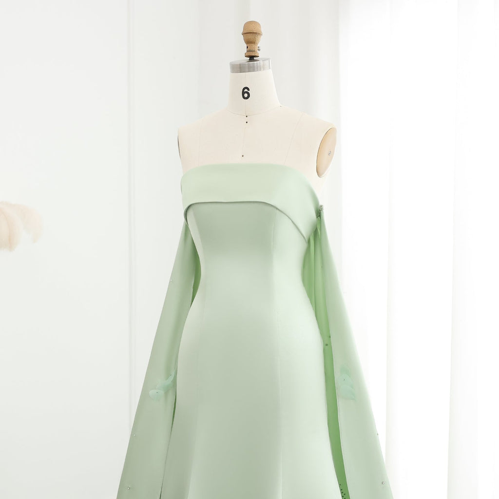 Luxury Crystal 3D Leaves Sage Green Sleeveless Evening Dress with Cape SS449