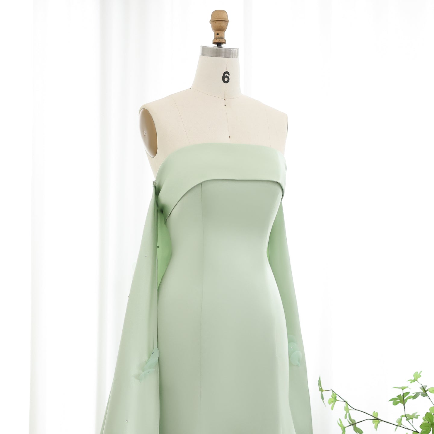 Luxury Crystal 3D Leaves Sage Green Sleeveless Evening Dress with Cape SS449