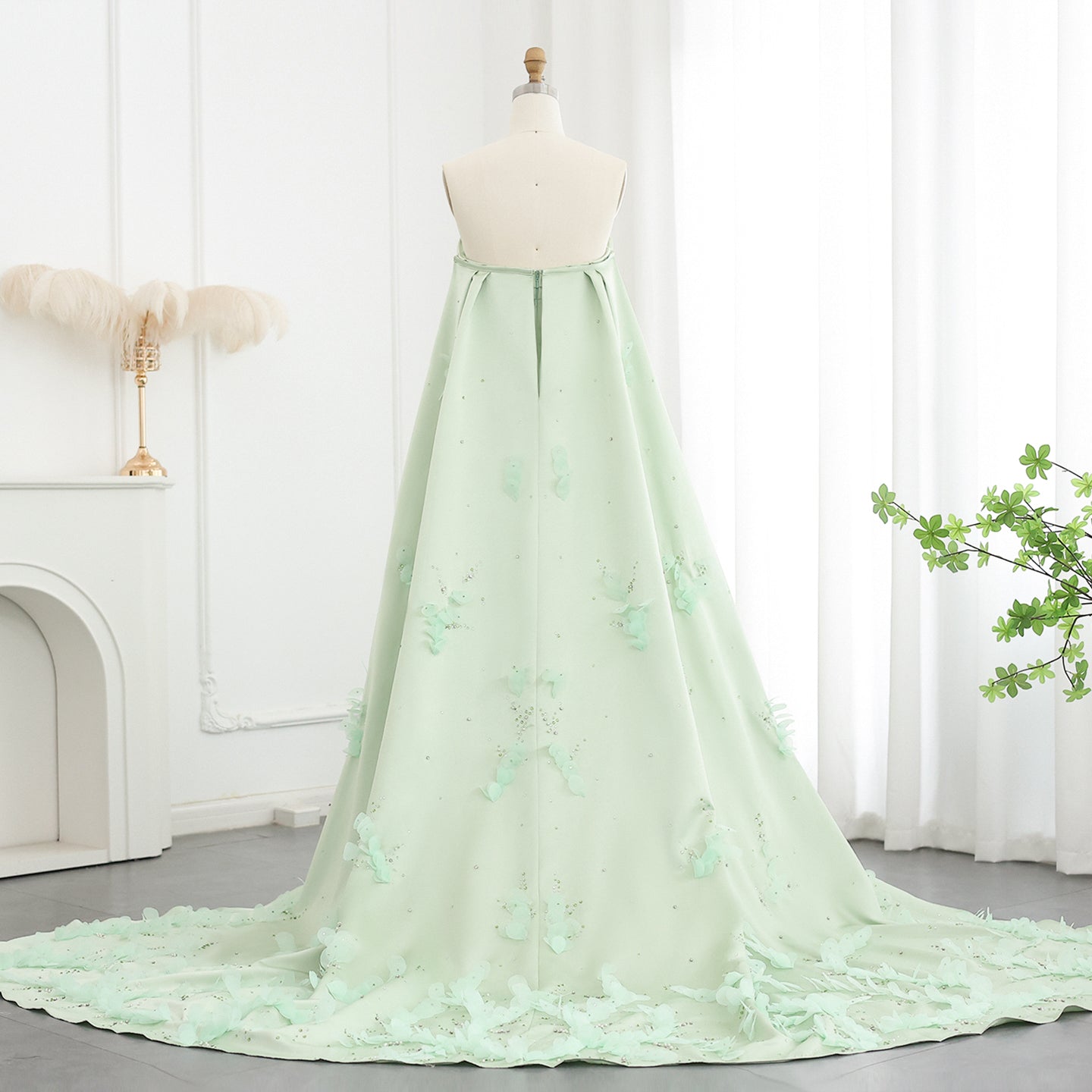 Luxury Crystal 3D Leaves Sage Green Sleeveless Evening Dress with Cape SS449