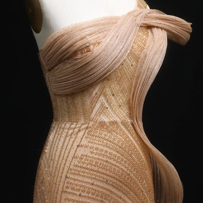 Luxury Crystal Beaded Caramel Evening Dress with Slit SS088