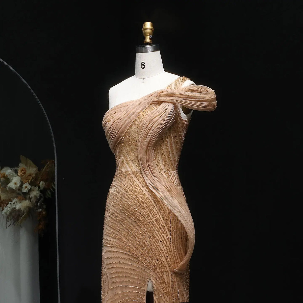 Luxury Crystal Beaded Caramel Evening Dress with Slit SS088