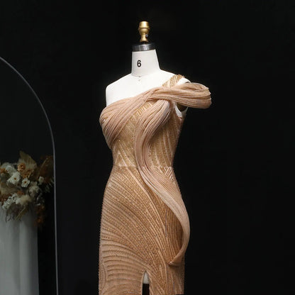 Luxury Crystal Beaded Caramel Evening Dress with Slit SS088