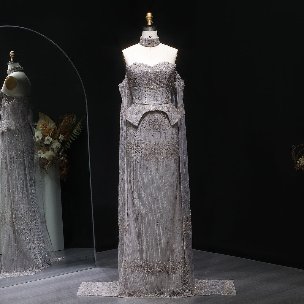 Stunning Crystal Evening Dress with Cape Sleeves SS558
